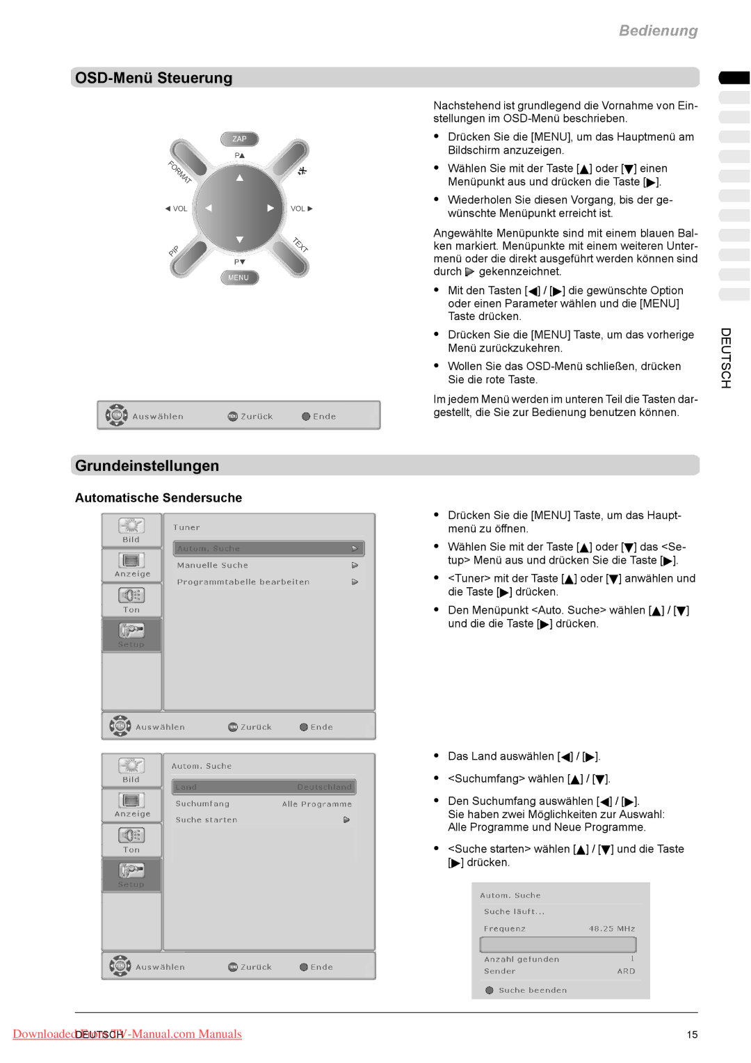 Fujitsu VQ40-1, PQ50-1, PQ42-1 manual OSD-Menü Steuerung, Grundeinstellungen, Automatische Sendersuche 