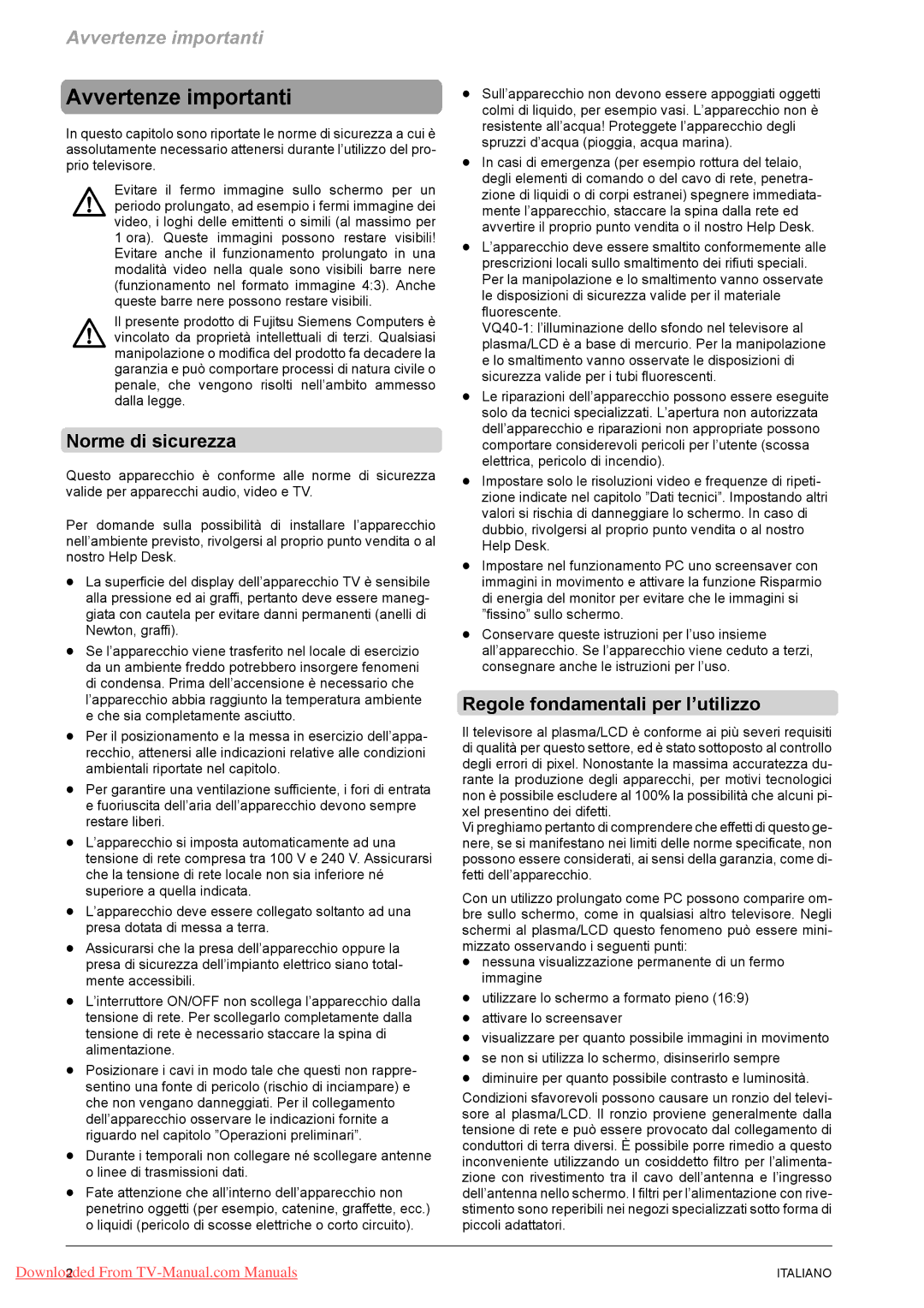 Fujitsu PQ50-1, PQ42-1, VQ40-1 manual Avvertenze importanti, Norme di sicurezza, Regole fondamentali per l’utilizzo 