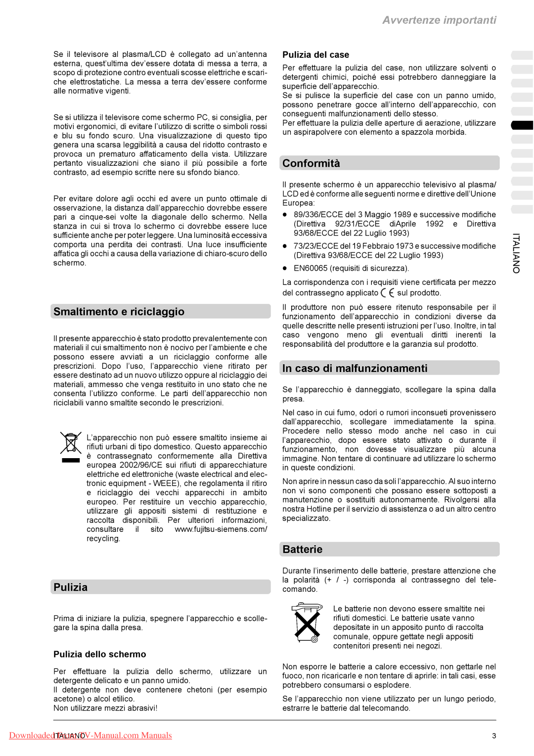 Fujitsu PQ42-1, PQ50-1, VQ40-1 manual Smaltimento e riciclaggio, Pulizia, Conformità, Caso di malfunzionamenti, Batterie 