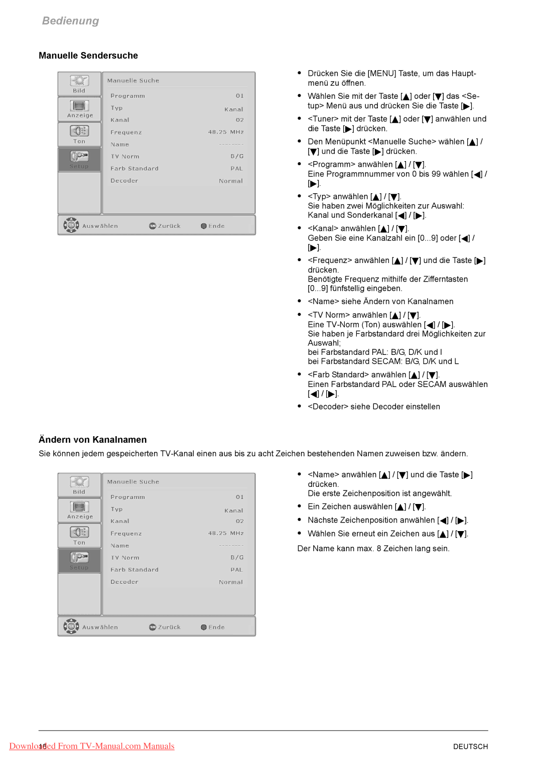 Fujitsu PQ50-1, PQ42-1, VQ40-1 manual Manuelle Sendersuche, Ändern von Kanalnamen 