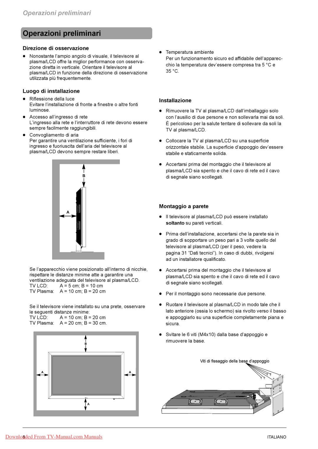 Fujitsu PQ50-1, PQ42-1, VQ40-1 Operazioni preliminari, Direzione di osservazione, Luogo di installazione, Installazione 