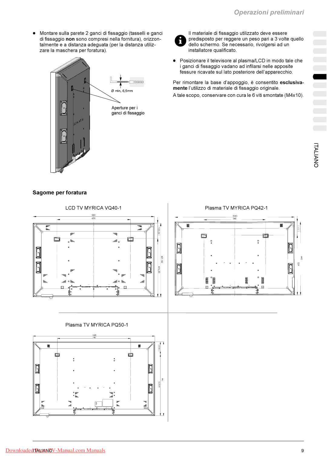 Fujitsu VQ40-1 manual Sagome per foratura, Plasma TV Myrica PQ50-1 Plasma TV Myrica PQ42-1 