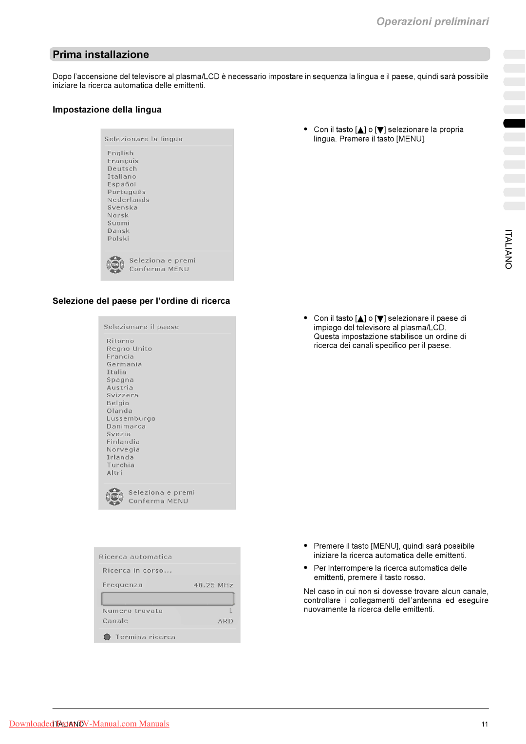 Fujitsu PQ50-1, PQ42-1, VQ40-1 Prima installazione, Impostazione della lingua, Selezione del paese per l’ordine di ricerca 