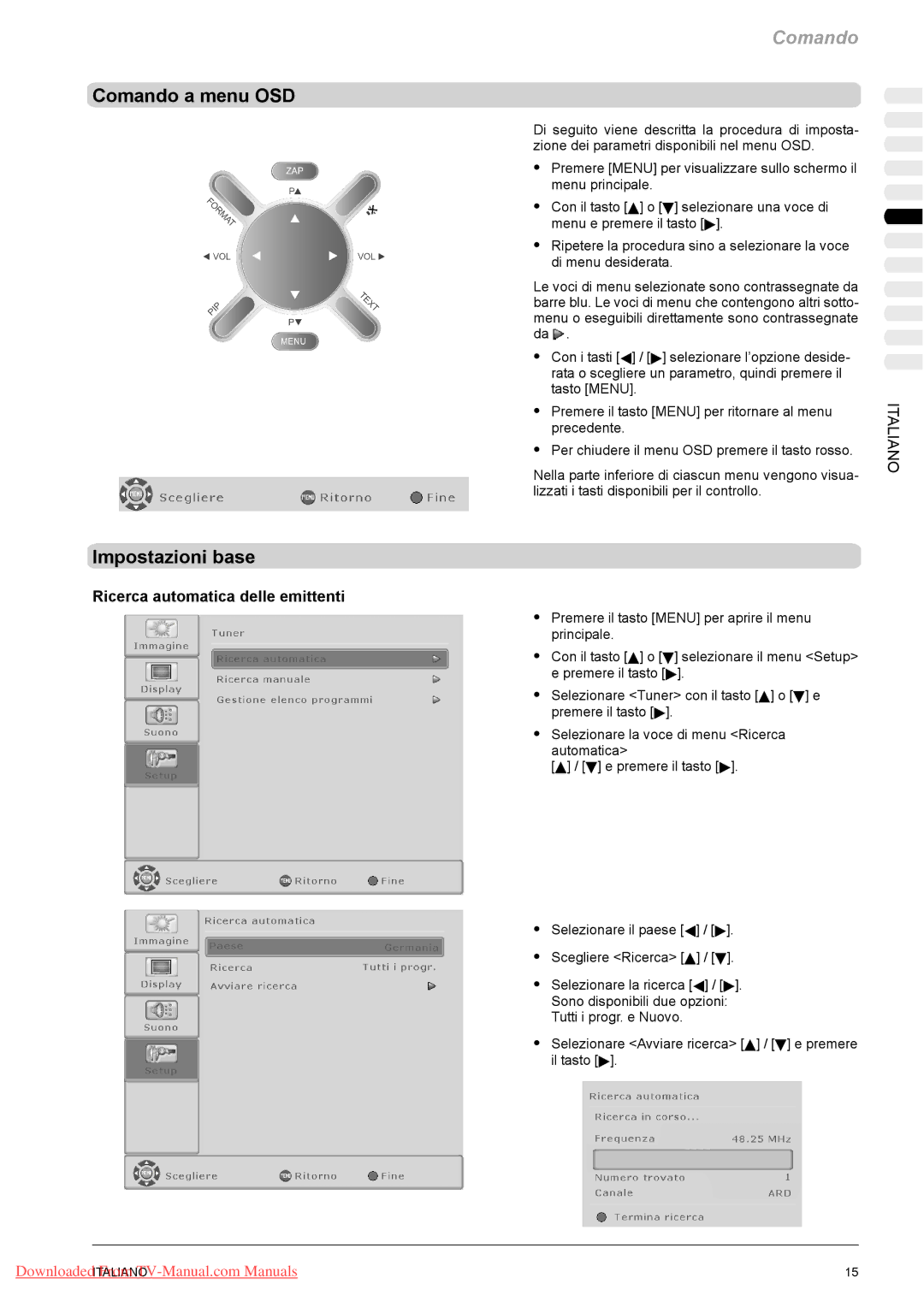 Fujitsu PQ42-1, PQ50-1, VQ40-1 manual Comando a menu OSD, Impostazioni base, Ricerca automatica delle emittenti 