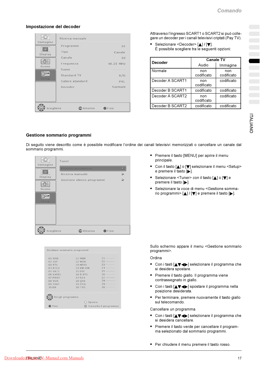 Fujitsu PQ50-1, PQ42-1 Impostazione del decoder, Gestione sommario programmi, Decoder Canale TV, Audio Immagine Normale 