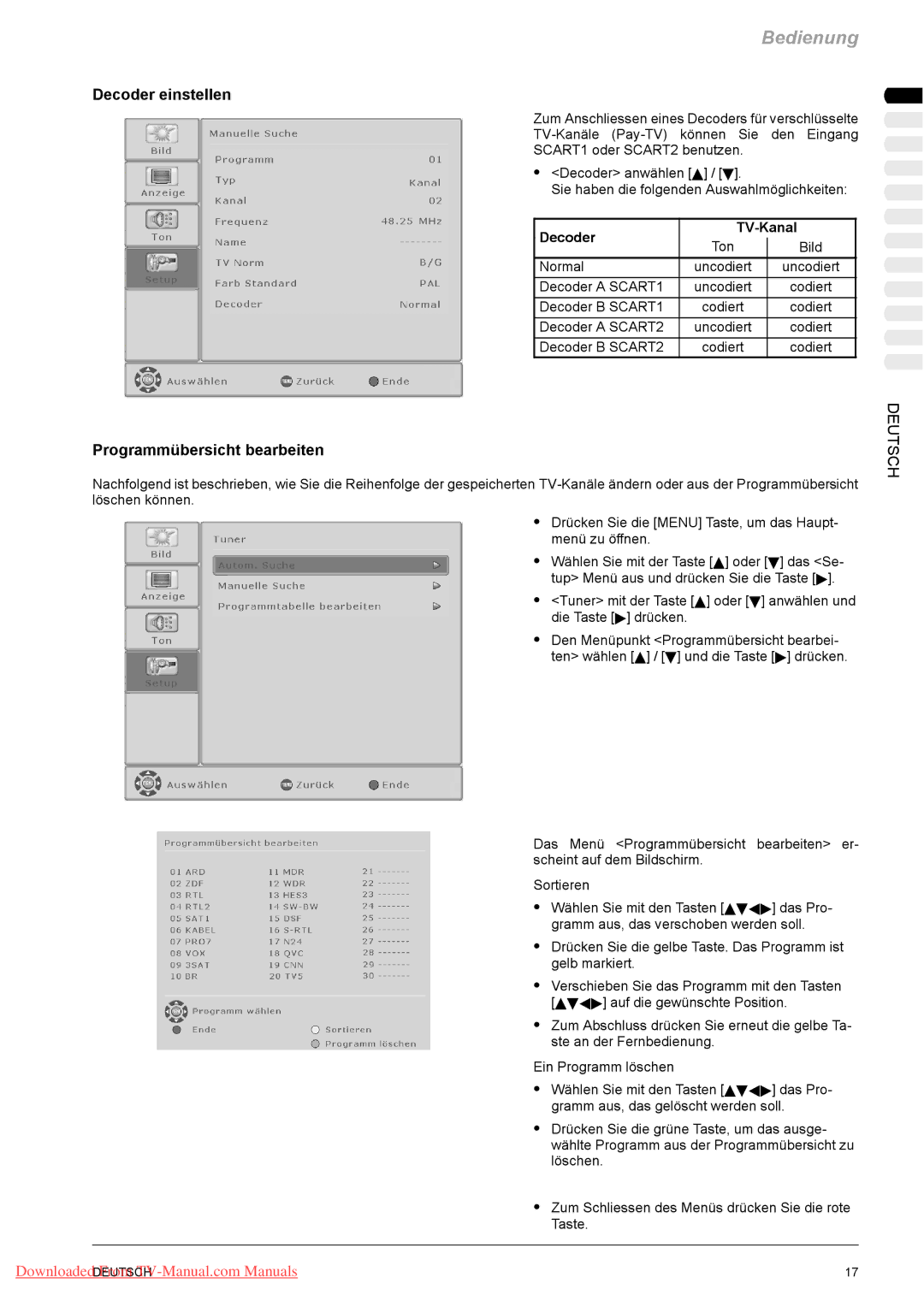 Fujitsu PQ42-1, PQ50-1, VQ40-1 manual Decoder einstellen, Programmübersicht bearbeiten, Decoder TV-Kanal 