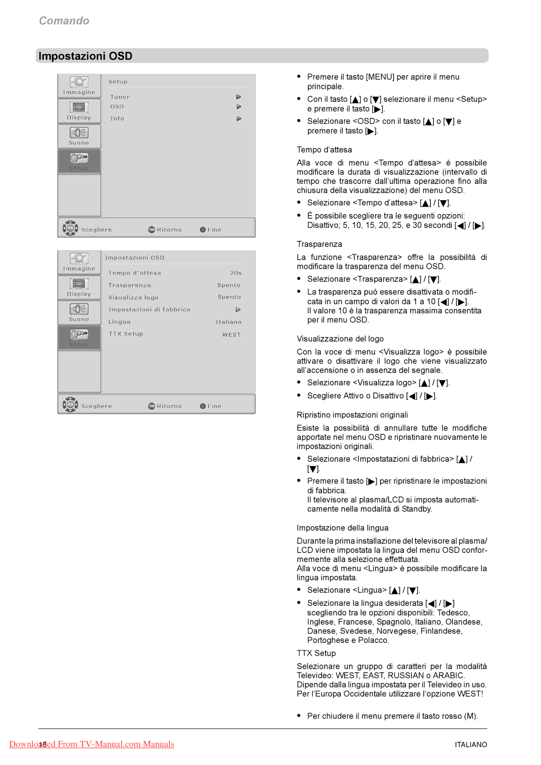 Fujitsu PQ42-1, PQ50-1, VQ40-1 manual Impostazioni OSD, Per chiudere il menu premere il tasto rosso M 