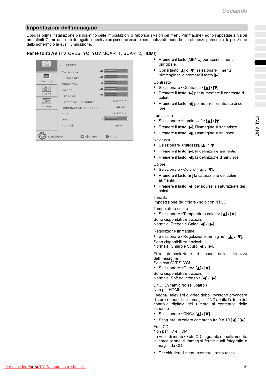 Fujitsu VQ40-1, PQ50-1, PQ42-1 manual Impostazioni dell’immagine, Per le fonti AV TV, CVBS, YC, YUV, SCART1, SCART2, Hdmi 