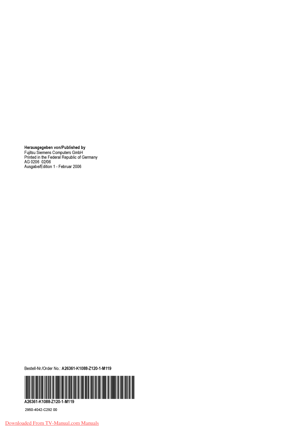 Fujitsu VQ40-1, PQ50-1, PQ42-1 manual Herausgegeben von/Published by, Bestell-Nr./Order No. A26361-K1088-Z120-1-M119 