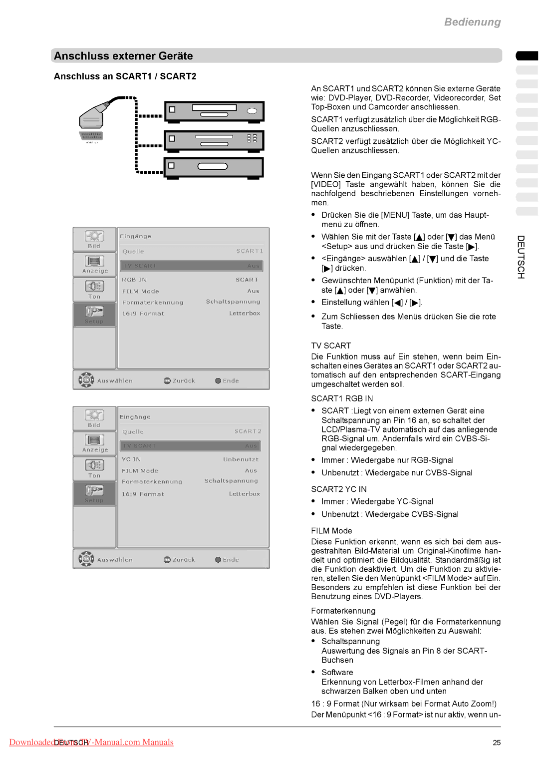 Fujitsu PQ50-1, PQ42-1, VQ40-1 manual Anschluss externer Geräte, Anschluss an SCART1 / SCART2, Formaterkennung 