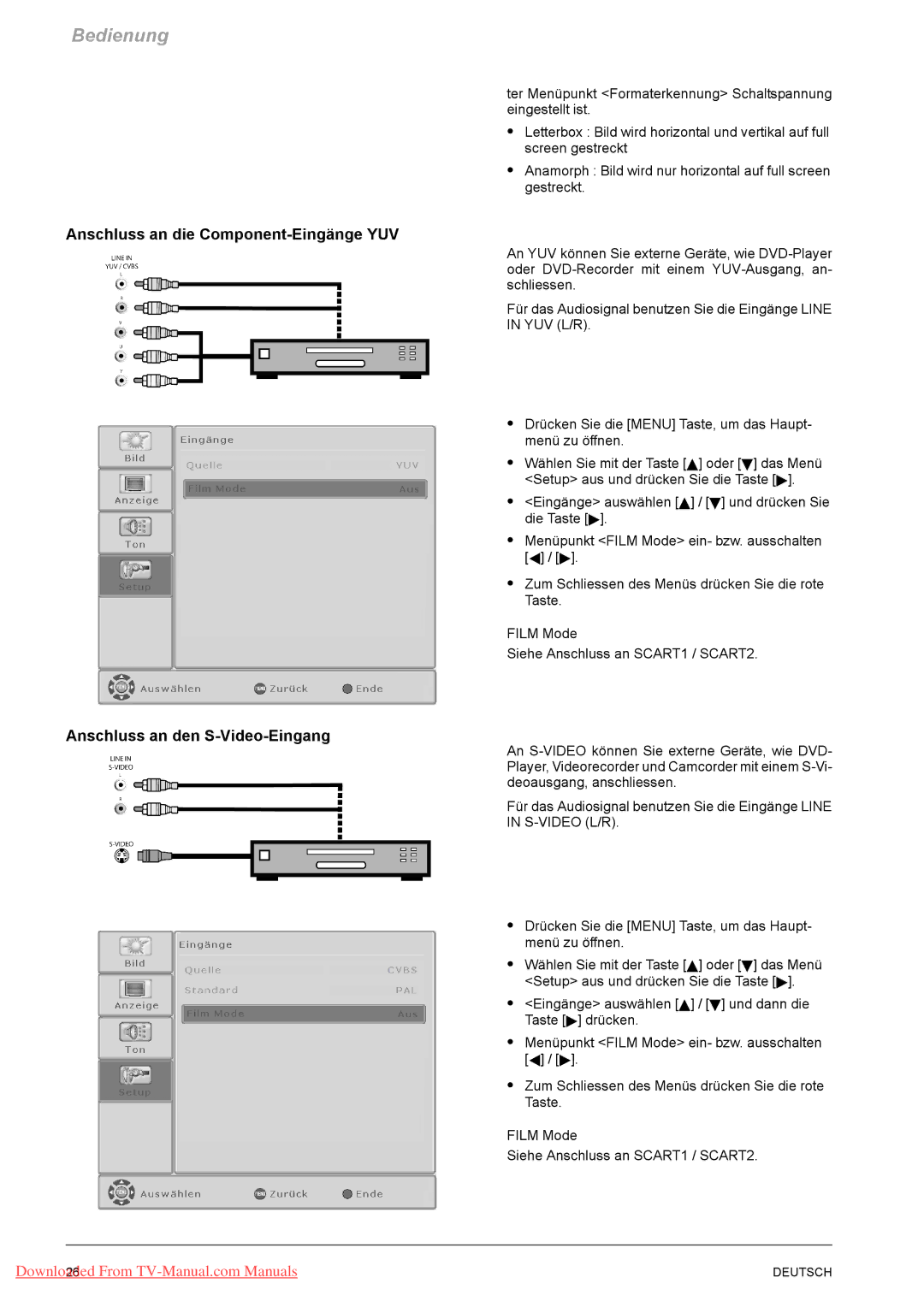 Fujitsu PQ42-1, PQ50-1, VQ40-1 manual Anschluss an die Component-Eingänge YUV, Anschluss an den S-Video-Eingang 