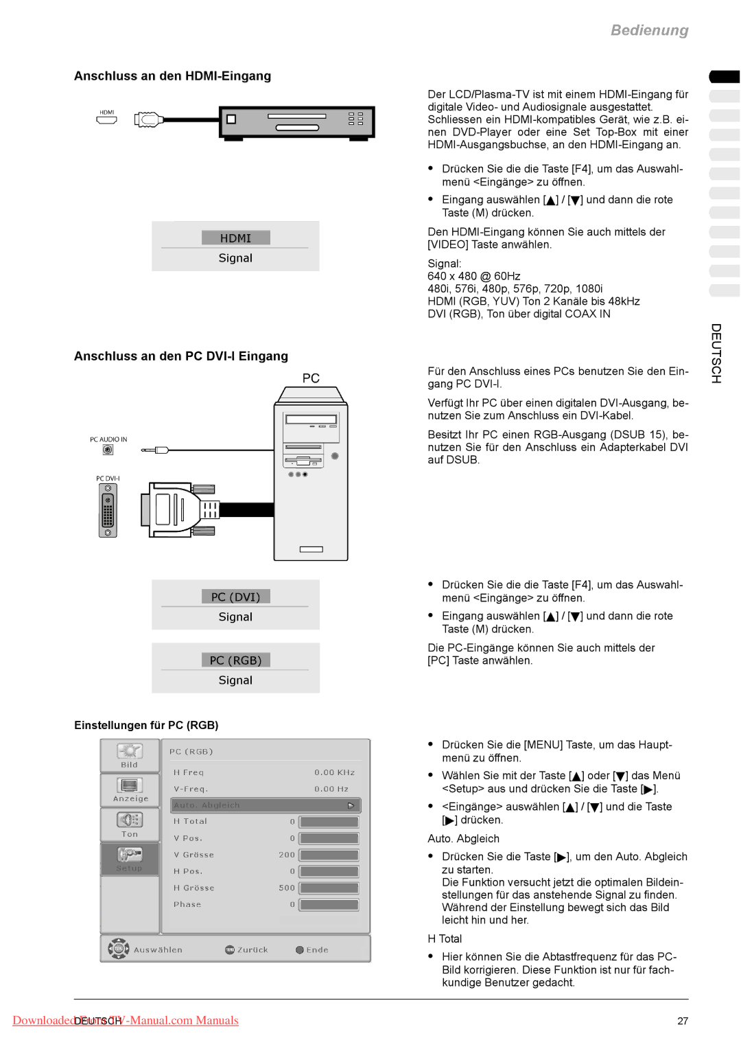 Fujitsu VQ40-1, PQ50-1, PQ42-1 Anschluss an den HDMI-Eingang, Anschluss an den PC DVI-I Eingang, Einstellungen für PC RGB 