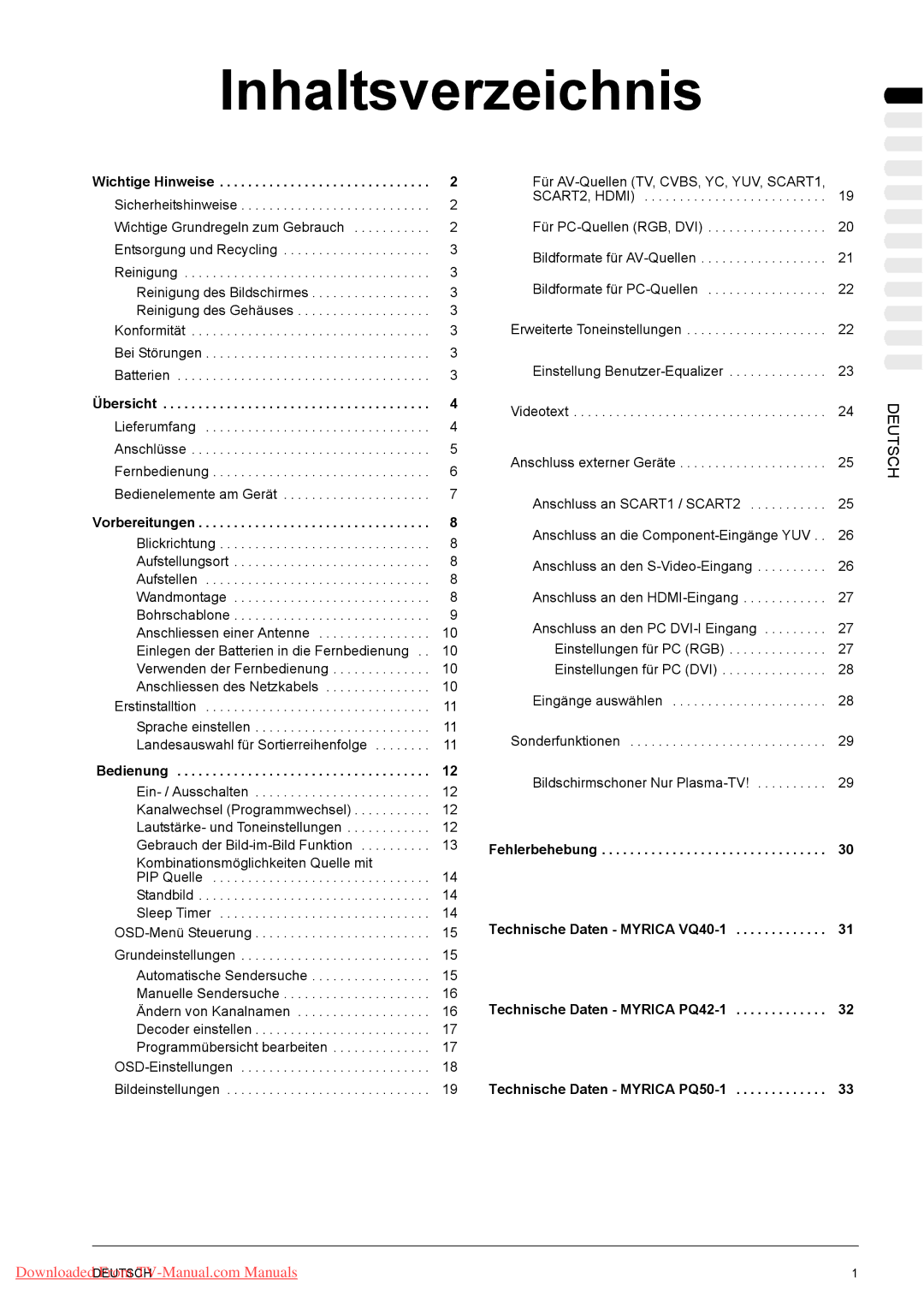 Fujitsu PQ50-1, PQ42-1, VQ40-1 manual Wichtige Hinweise, Übersicht, Vorbereitungen, Bedienung 