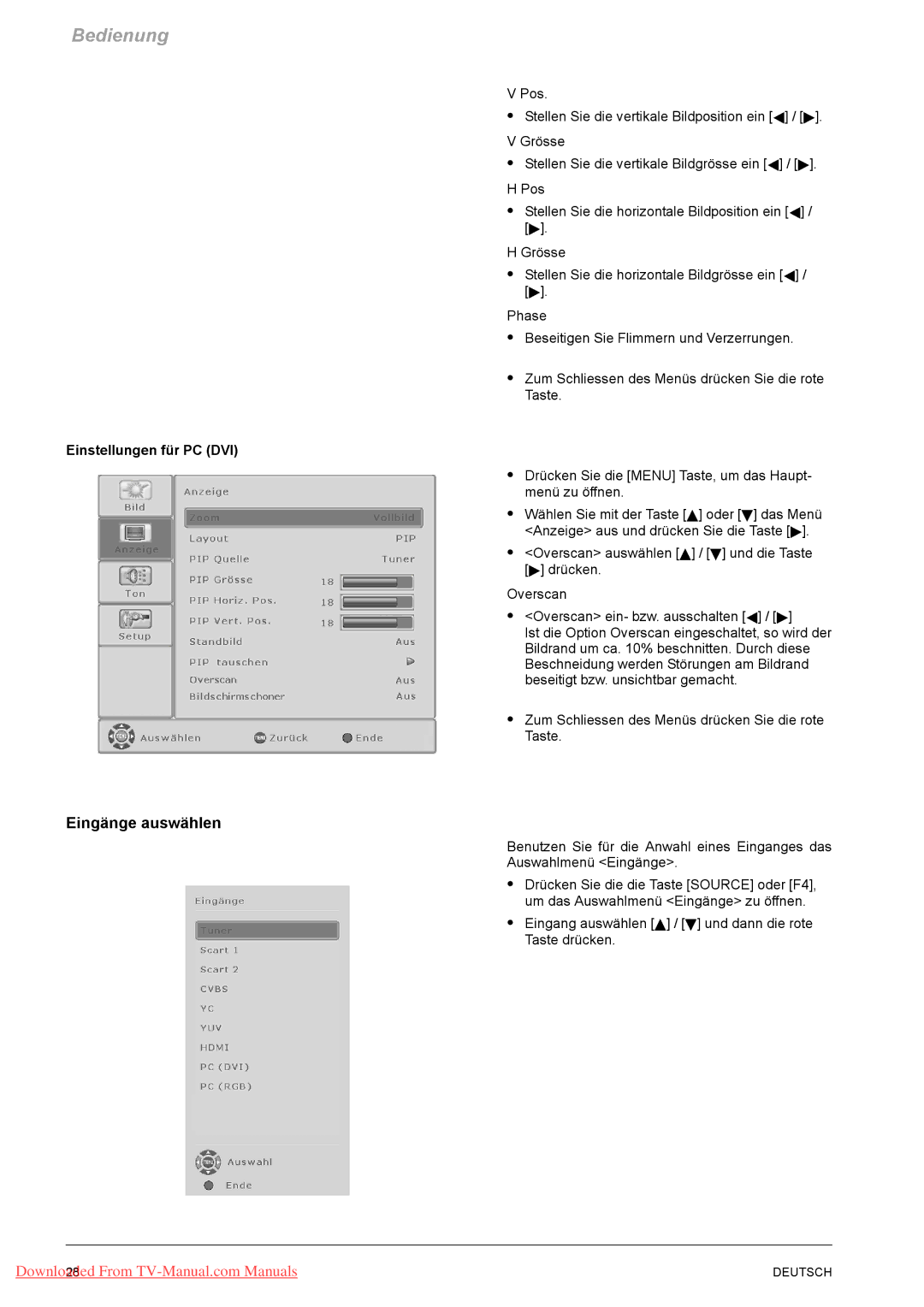 Fujitsu PQ50-1 manual Eingänge auswählen, Einstellungen für PC DVI, Eingang auswählen Y / B und dann die rote Taste drücken 