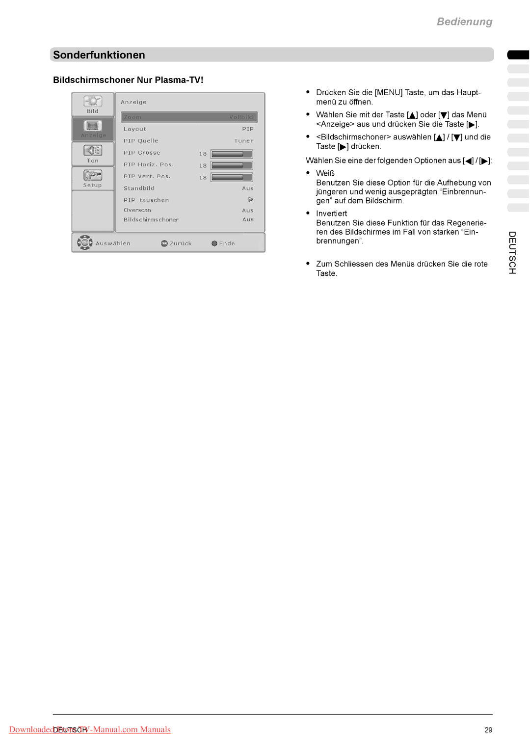 Fujitsu PQ42-1, PQ50-1, VQ40-1 manual Sonderfunktionen, Bildschirmschoner Nur Plasma-TV 