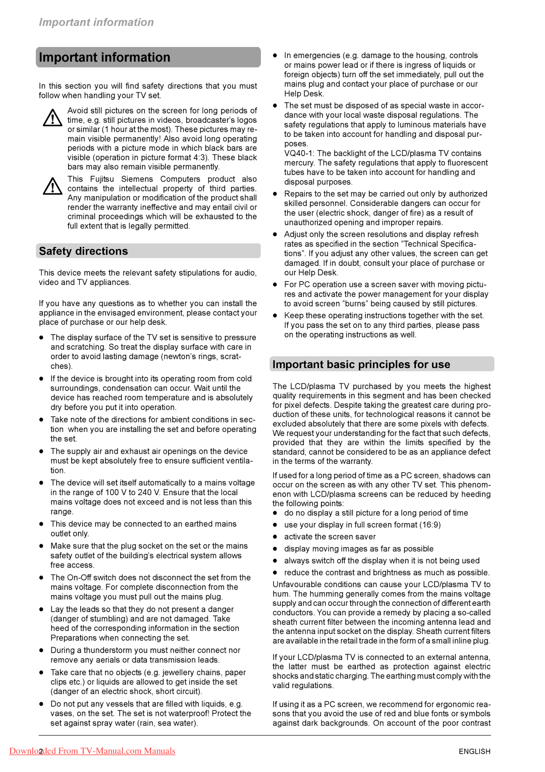 Fujitsu VQ40-1, PQ50-1, PQ42-1 manual Important information, Safety directions, Important basic principles for use 