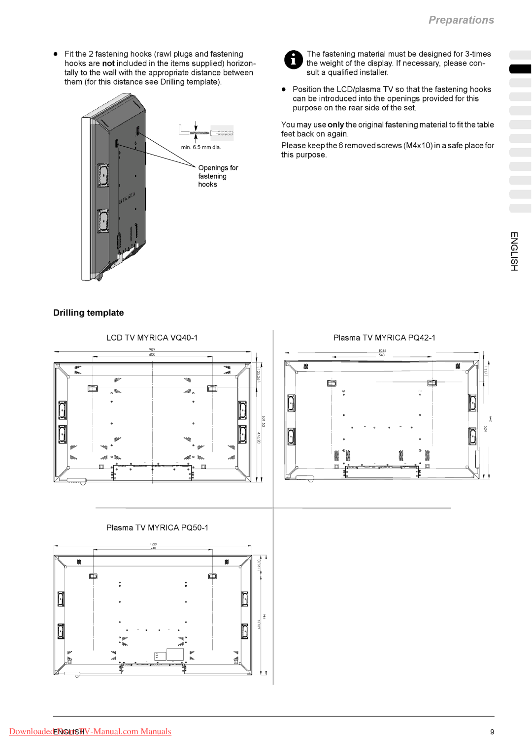 Fujitsu PQ42-1, VQ40-1 manual Drilling template, Plasma TV Myrica PQ50-1 