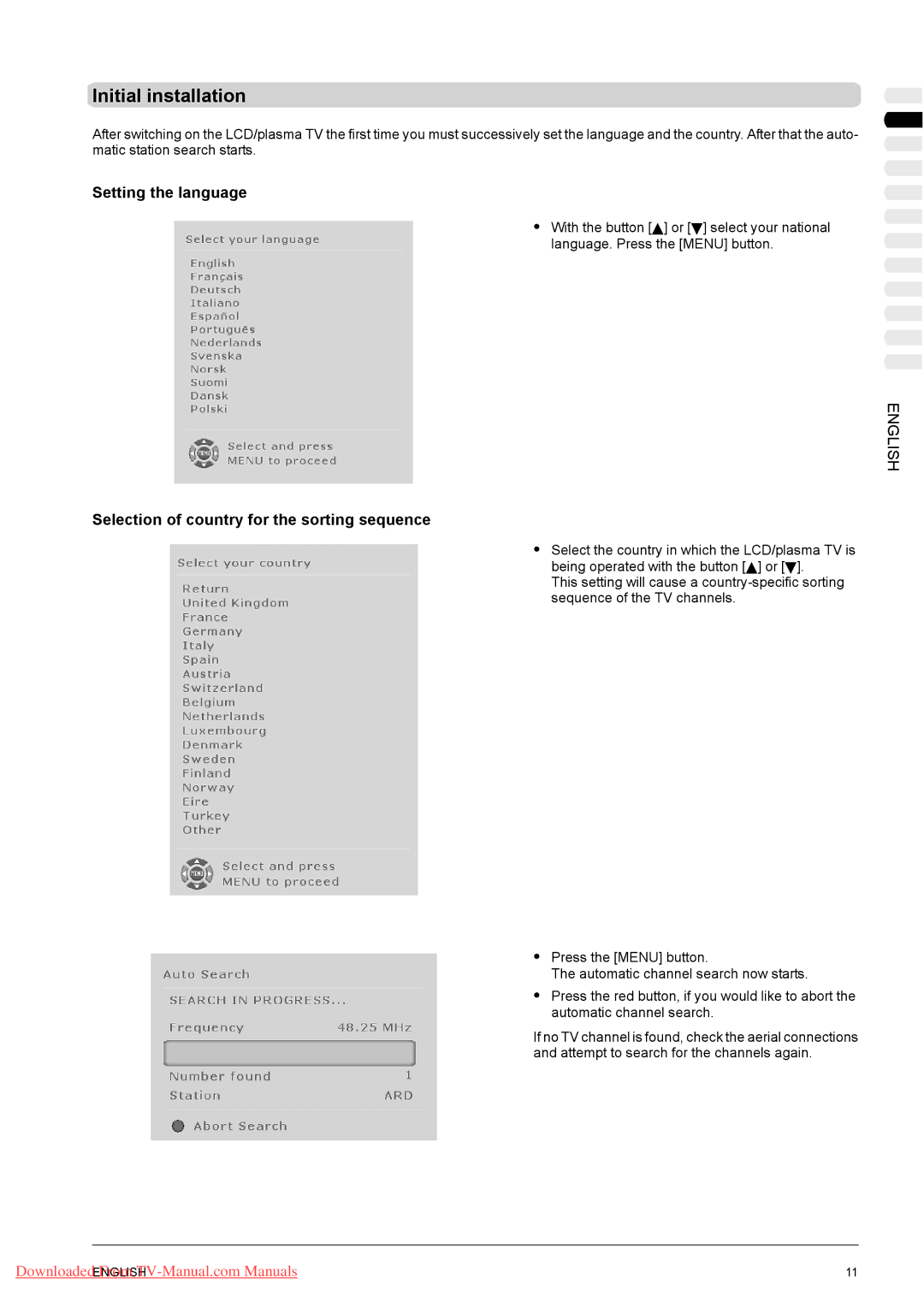 Fujitsu VQ40-1, PQ50-1, PQ42-1 Initial installation, Setting the language, Selection of country for the sorting sequence 