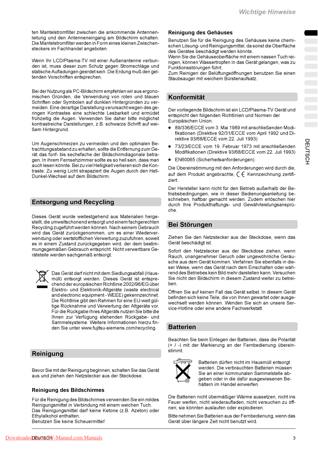 Fujitsu VQ40-1, PQ50-1, PQ42-1 manual Entsorgung und Recycling, Reinigung, Konformität, Bei Störungen, Batterien 