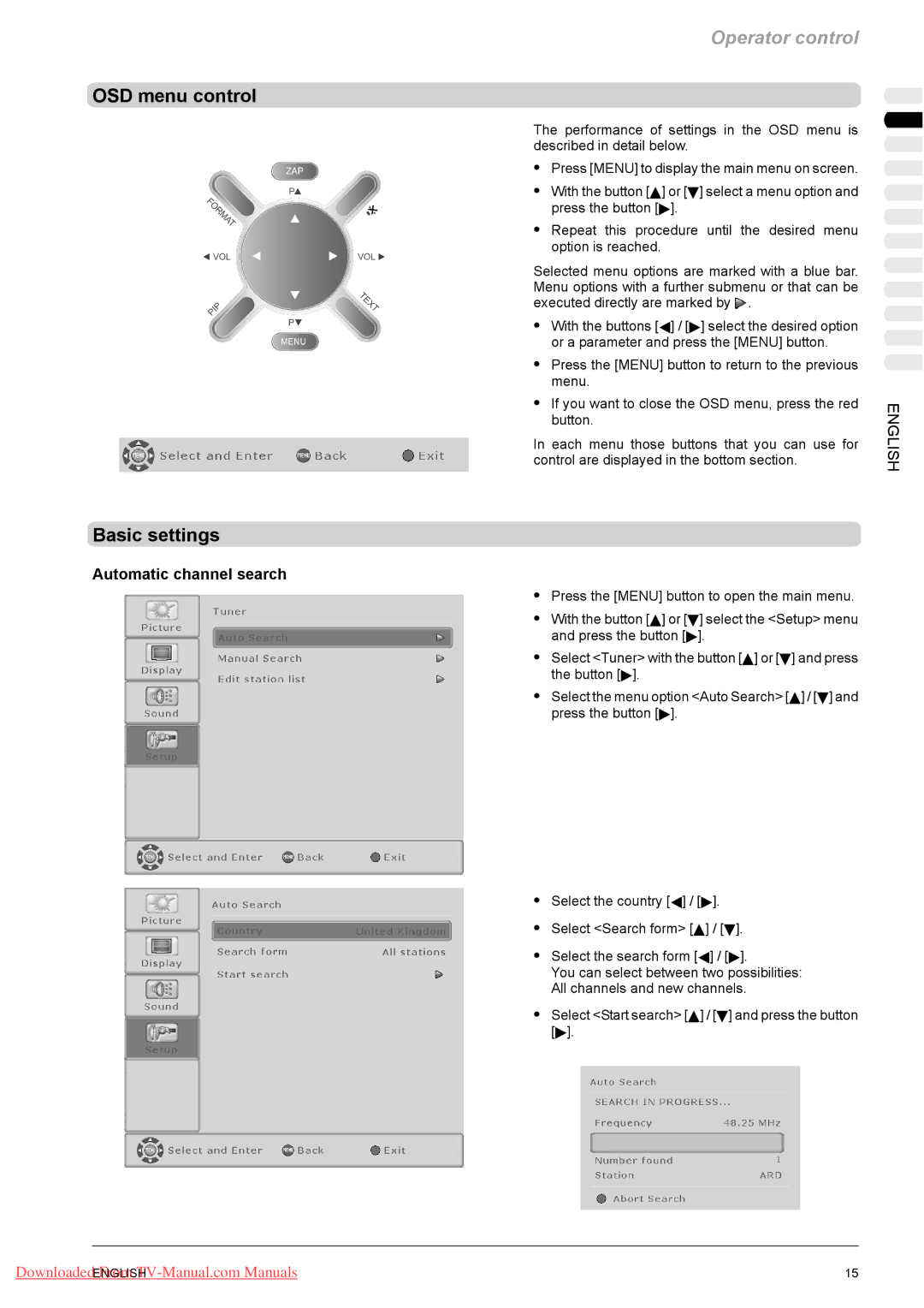 Fujitsu PQ50-1, PQ42-1, VQ40-1 manual OSD menu control, Basic settings, Automatic channel search 