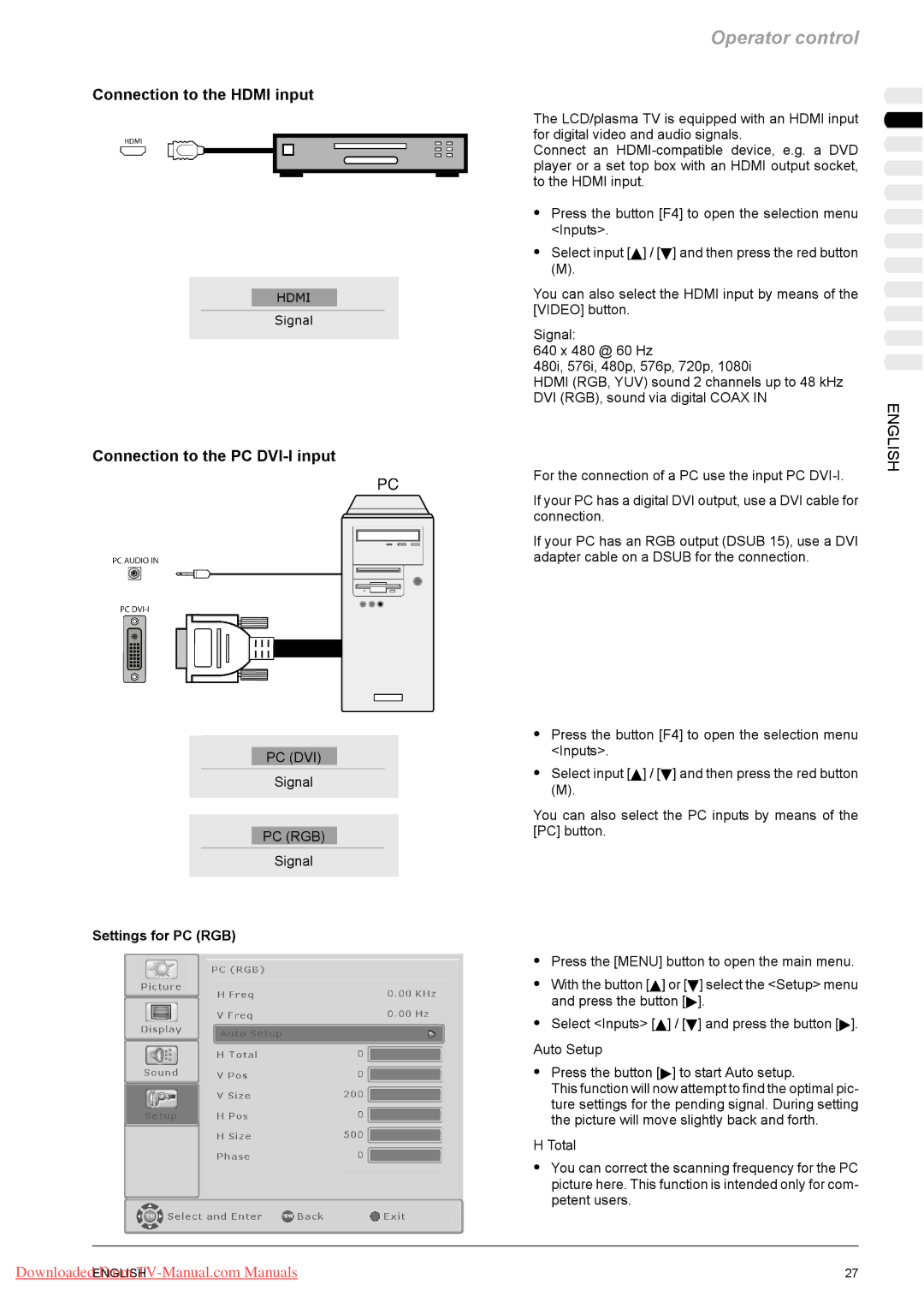 Fujitsu PQ50-1, PQ42-1, VQ40-1 manual Connection to the Hdmi input, Connection to the PC DVI-I input, Settings for PC RGB 