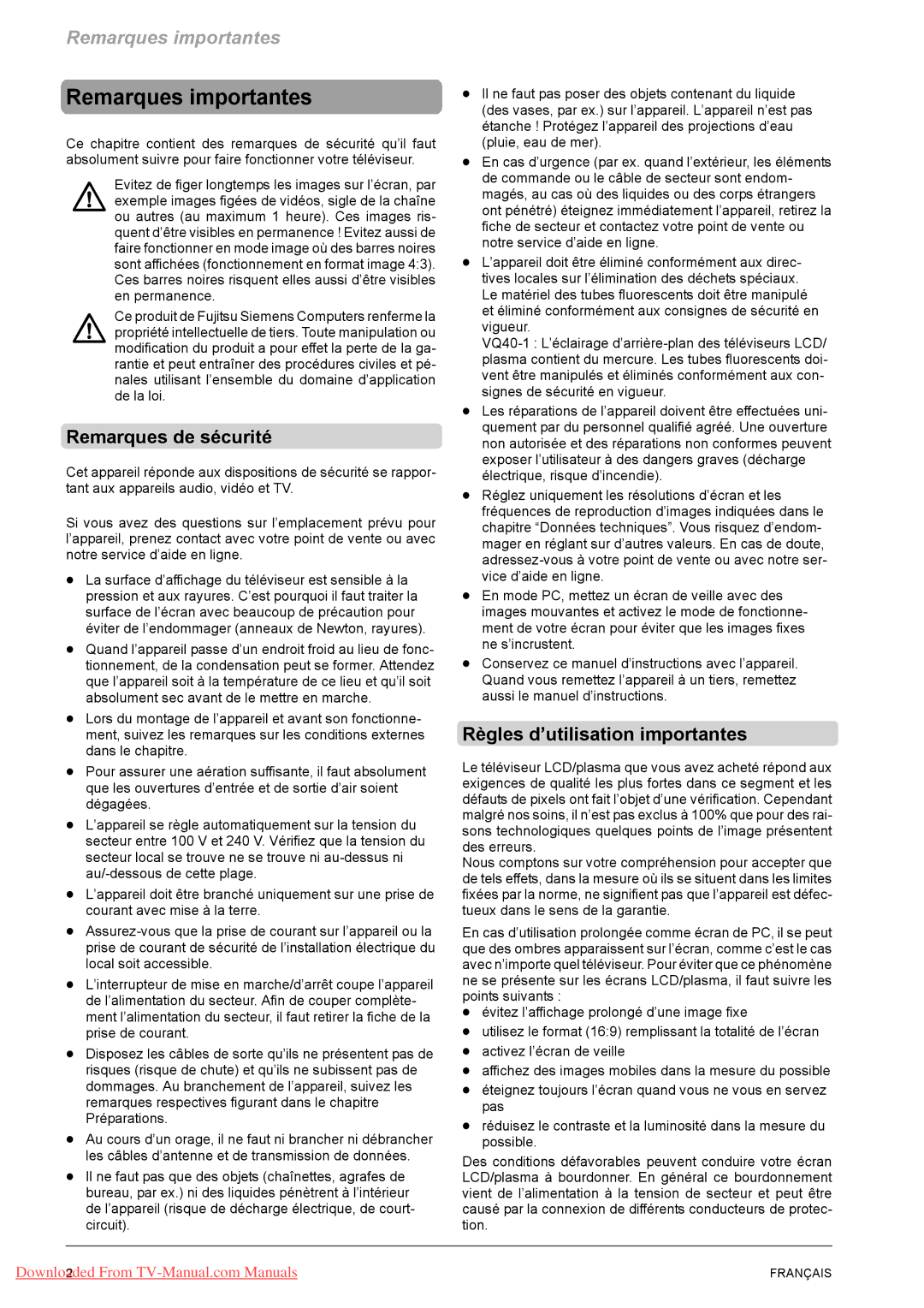 Fujitsu PQ50-1, PQ42-1, VQ40-1 manual Remarques importantes, Remarques de sécurité, Règles d’utilisation importantes 