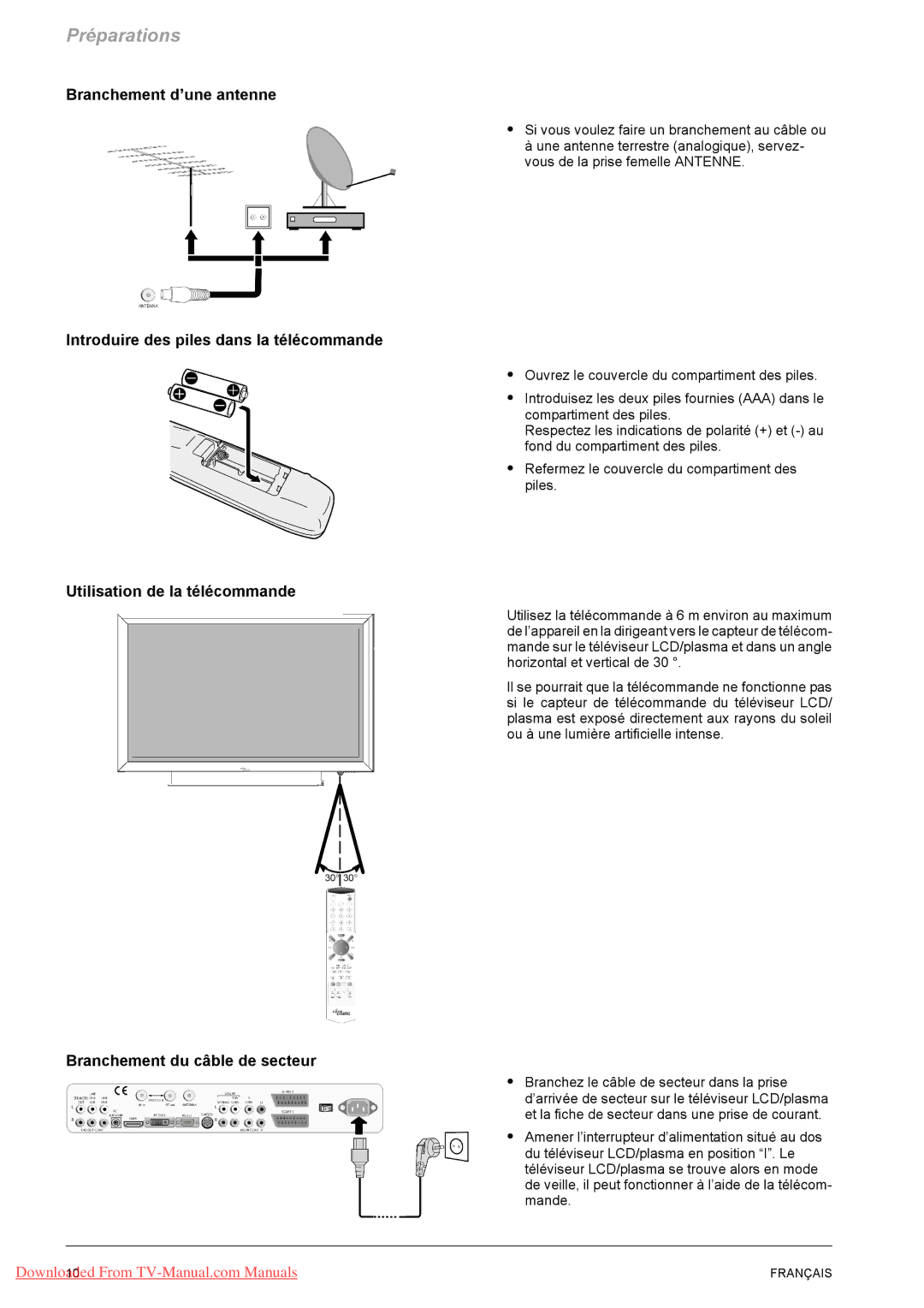 Fujitsu VQ40-1 manual Branchement d’une antenne, Introduire des piles dans la télécommande, Utilisation de la télécommande 