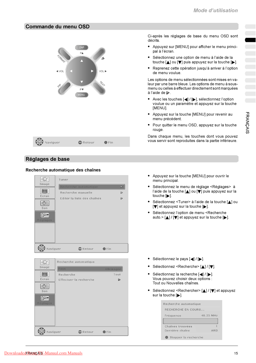 Fujitsu PQ42-1, PQ50-1, VQ40-1 manual Commande du menu OSD, Réglages de base, Recherche automatique des chaînes 