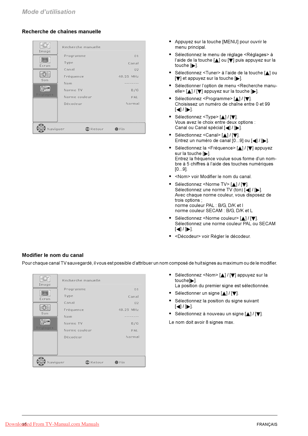 Fujitsu VQ40-1, PQ50-1, PQ42-1 manual Recherche de chaînes manuelle, Modifier le nom du canal 