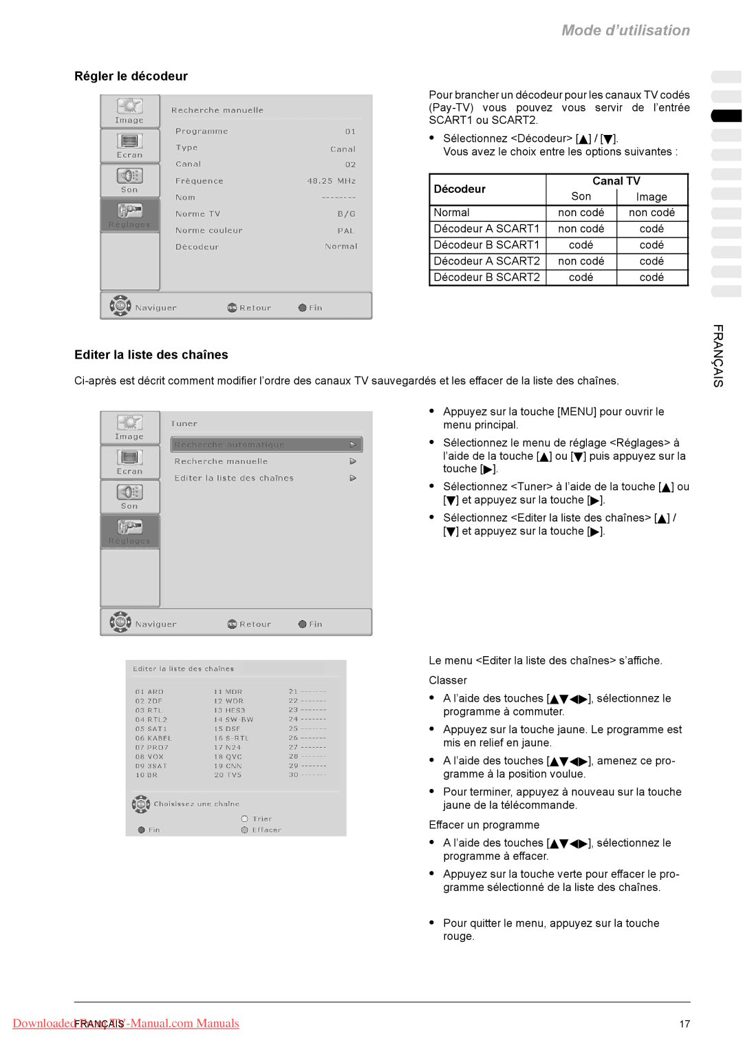 Fujitsu PQ50-1, PQ42-1, VQ40-1 manual Régler le décodeur, Editer la liste des chaînes, Décodeur Canal TV 