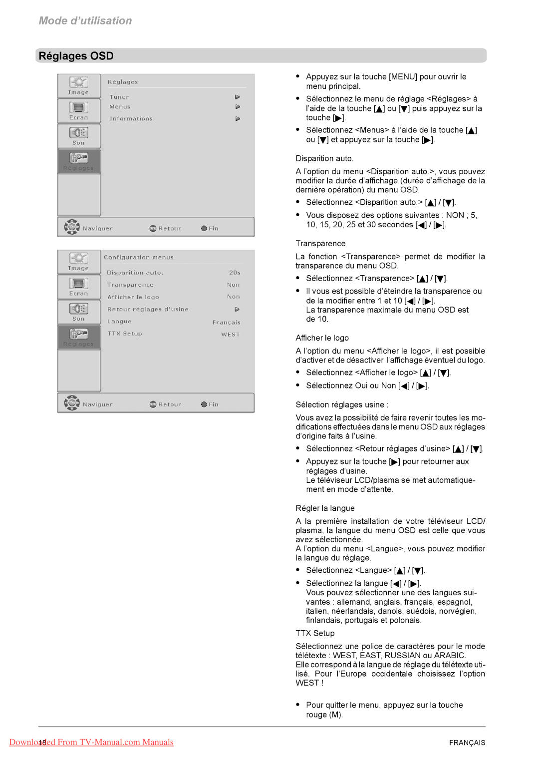 Fujitsu PQ42-1, PQ50-1, VQ40-1 manual Réglages OSD 