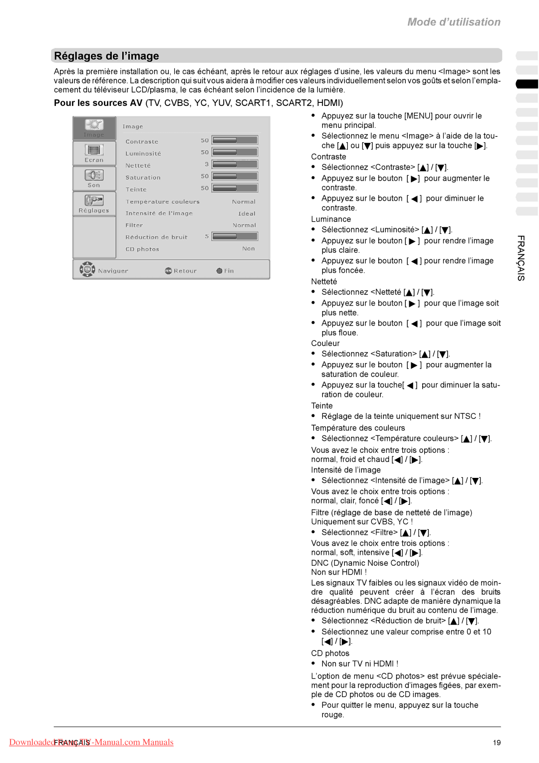 Fujitsu VQ40-1, PQ50-1, PQ42-1 manual Réglages de l’image, Pour les sources AV TV, CVBS, YC, YUV, SCART1, SCART2, Hdmi 