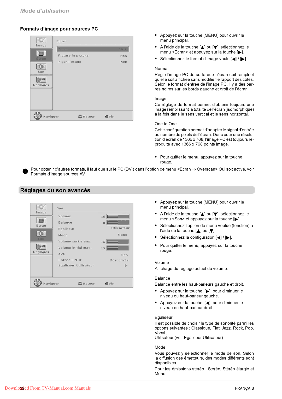 Fujitsu VQ40-1, PQ50-1, PQ42-1 manual Réglages du son avancés, Formats d’image pour sources PC 