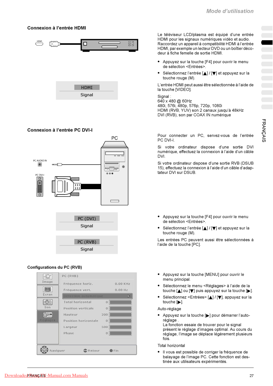 Fujitsu PQ42-1, PQ50-1 Connexion à l’entrée Hdmi, Connexion à l’entrée PC DVI-I, Configurations du PC RVB, De l’entrée 