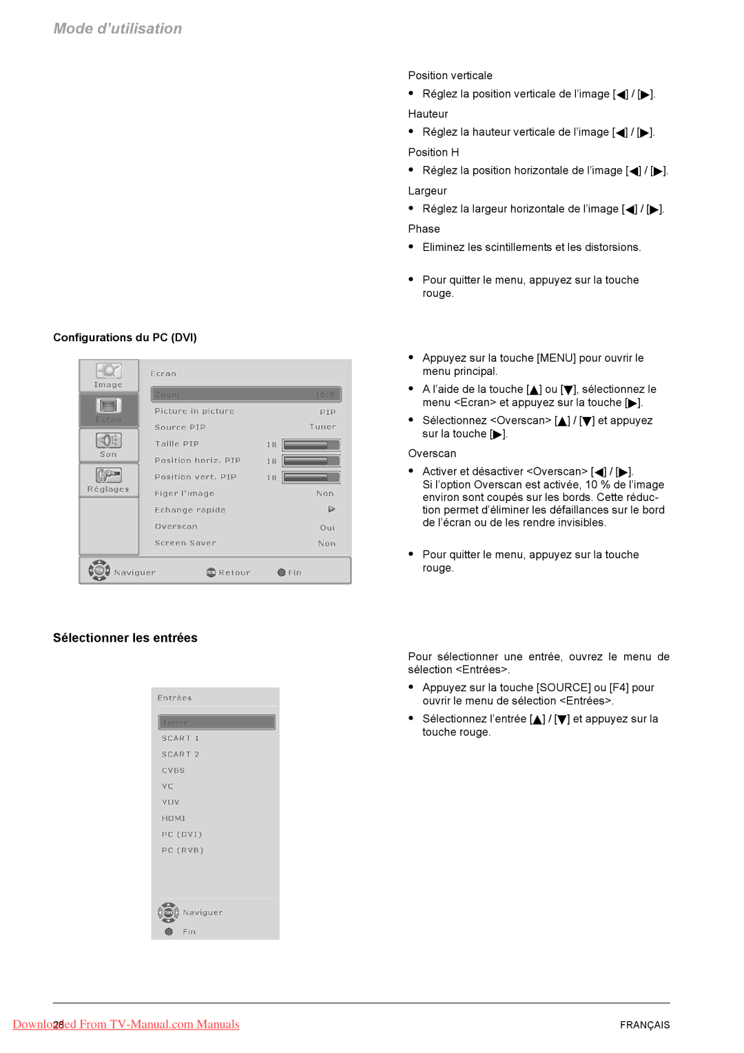 Fujitsu VQ40-1, PQ50-1, PQ42-1 manual Sélectionner les entrées, Configurations du PC DVI 