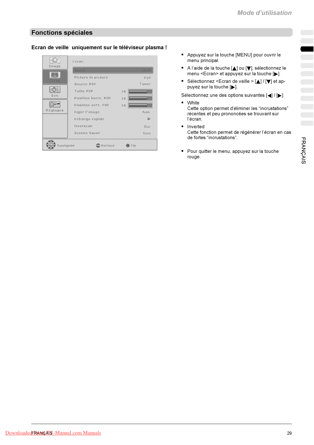 Fujitsu PQ50-1, PQ42-1, VQ40-1 manual Fonctions spéciales, Ecran de veille uniquement sur le téléviseur plasma 