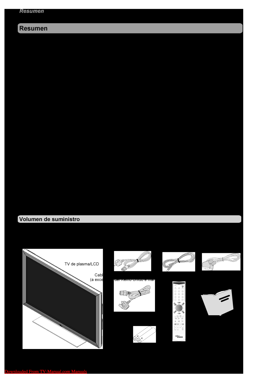Fujitsu PQ50-1, PQ42-1, VQ40-1 manual Resumen, Volumen de suministro, Equipamiento, From TV-Manual.com Manuals, Downloaded4 