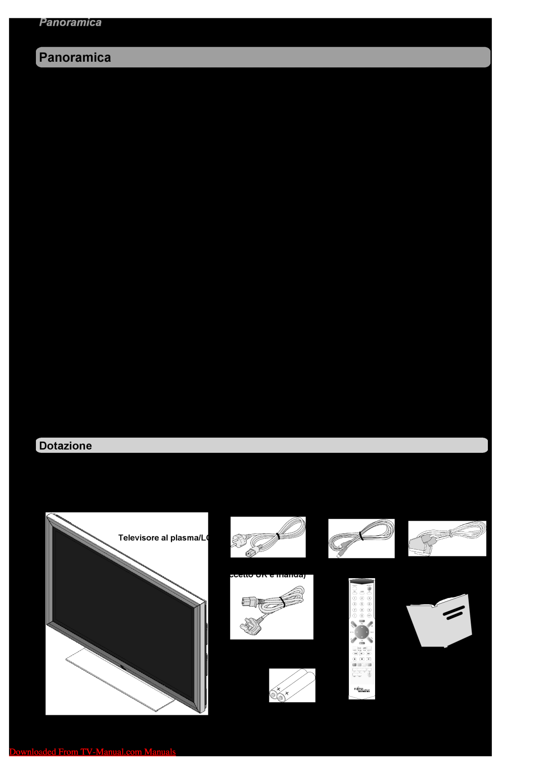 Fujitsu VQ40-1 manual Panoramica, Dotazione, Televisore al plasma/LCD, Cavo di rete per l’Europa, Cavo antenna, Cavo SCART 