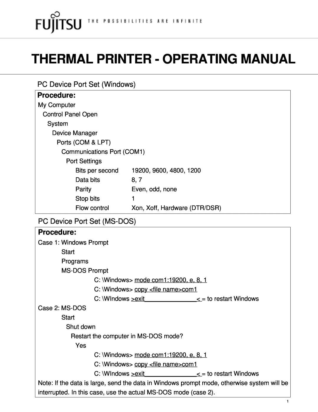 Fujitsu Printer manual PC Device Port Set Windows, Procedure, PC Device Port Set MS-DOS 