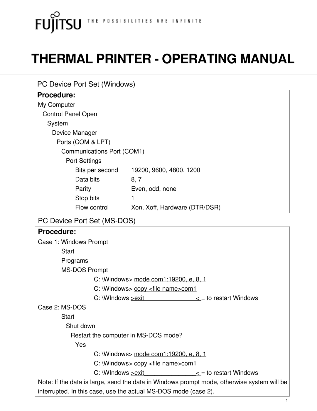 Fujitsu Printer manual PC Device Port Set Windows, Procedure, PC Device Port Set MS-DOS 