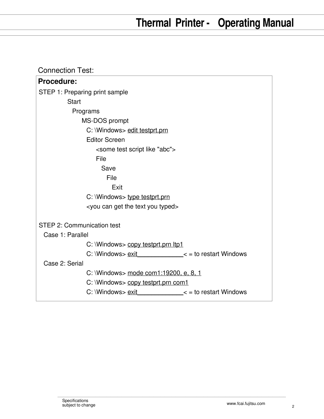 Fujitsu manual Thermal Printer Operating Manual, Connection Test 