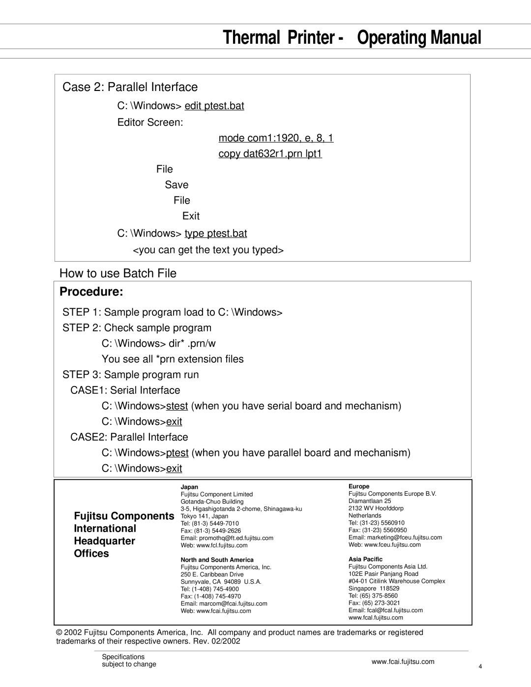 Fujitsu Printer manual Case 2 Parallel Interface, How to use Batch File 