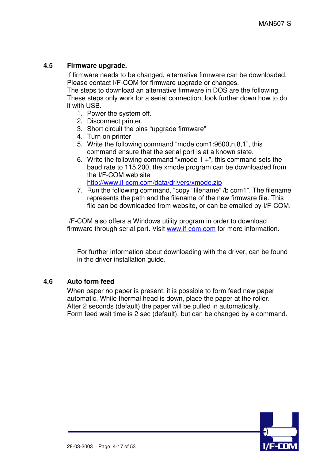 Fujitsu PRN607-S manual Firmware upgrade, Auto form feed 