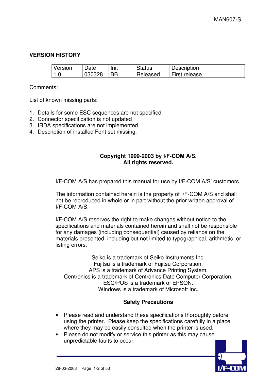 Fujitsu PRN607-S manual Copyright 1999-2003 by I/F-COM A/S All rights reserved, Safety Precautions 