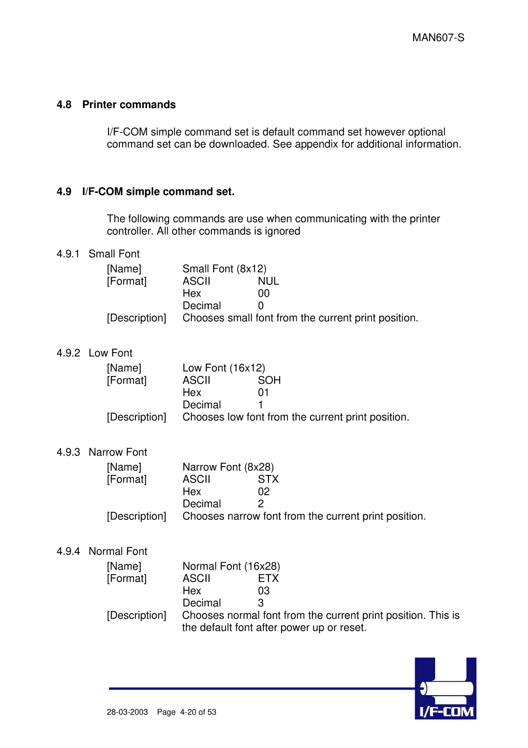 Fujitsu PRN607-S manual Printer commands, I/F-COM simple command set 