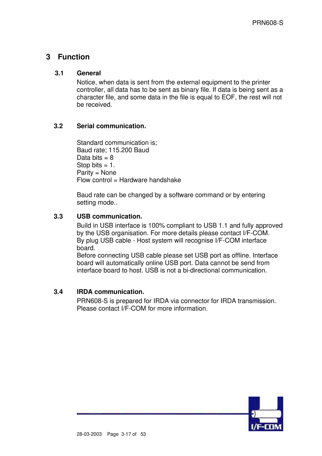 Fujitsu PRN608-S user manual General Serial communication, USB communication, Irda communication 