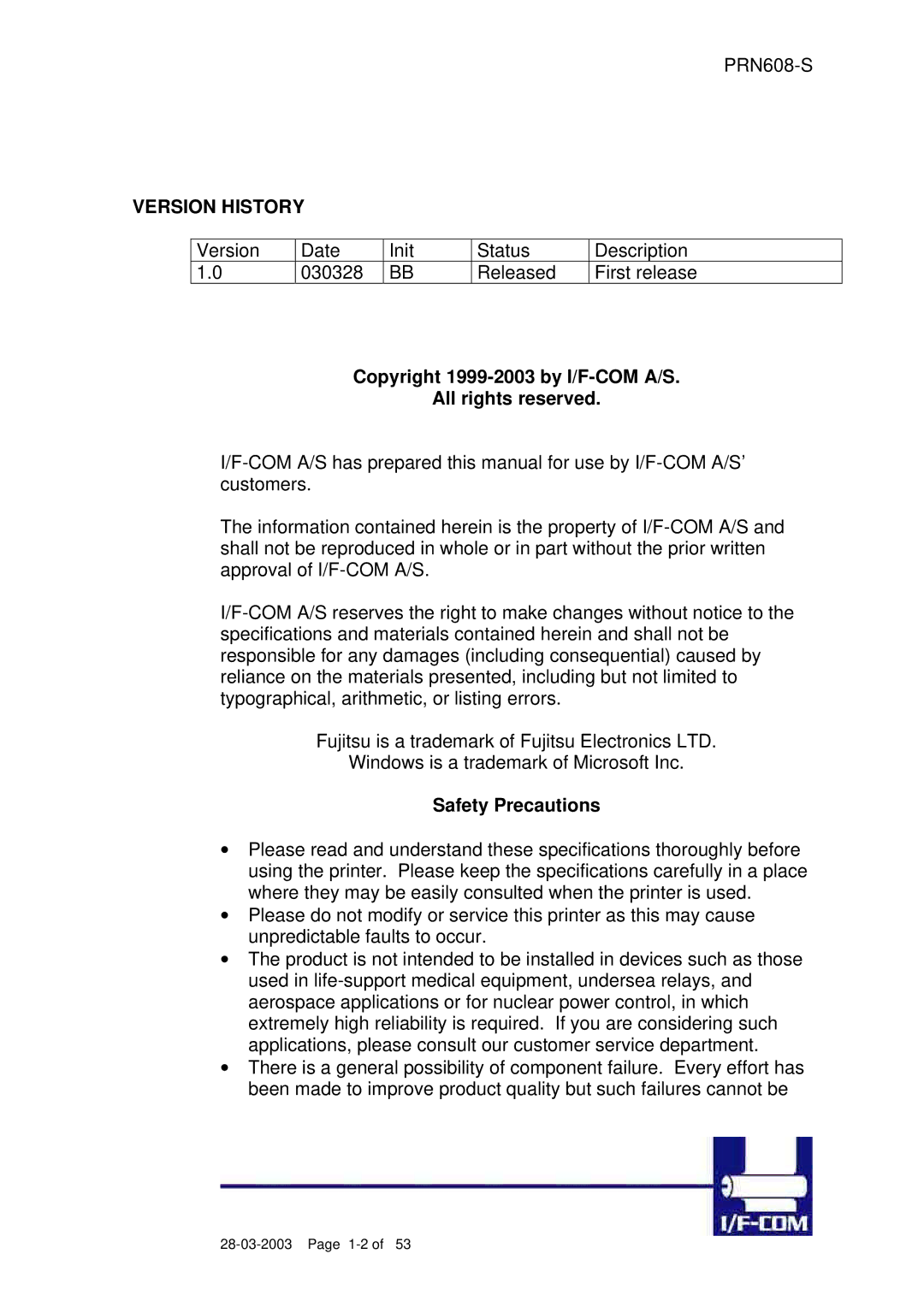 Fujitsu PRN608-S user manual Copyright 1999-2003 by I/F-COM A/S All rights reserved, Safety Precautions 