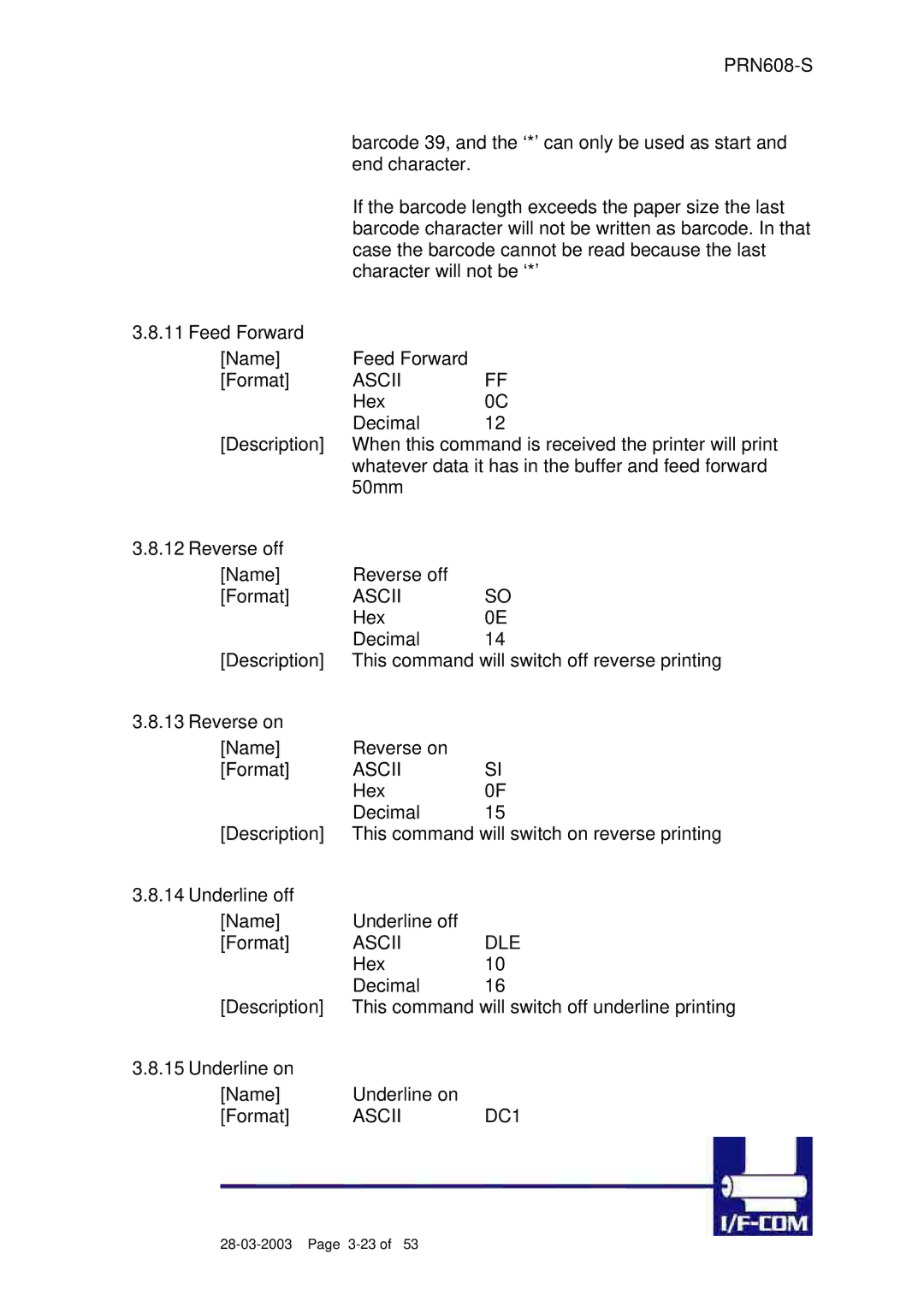 Fujitsu PRN608-S user manual Ascii DLE, Ascii DC1 