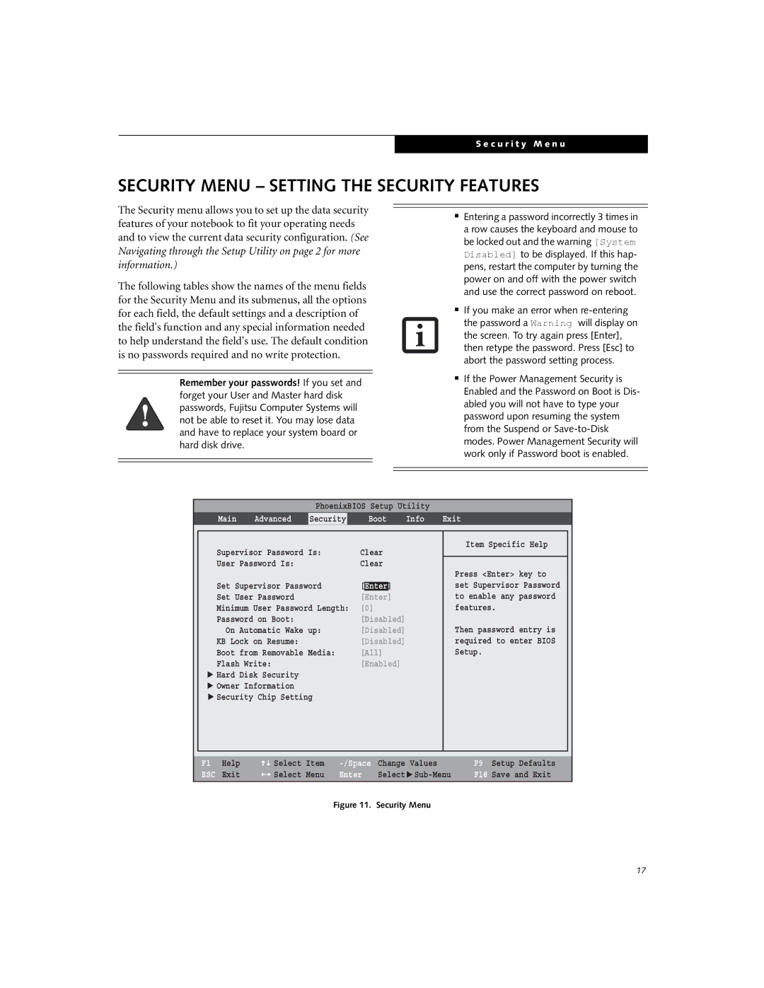 Fujitsu Q2010 manual Security Menu Setting the Security Features, Boot Info Exit 