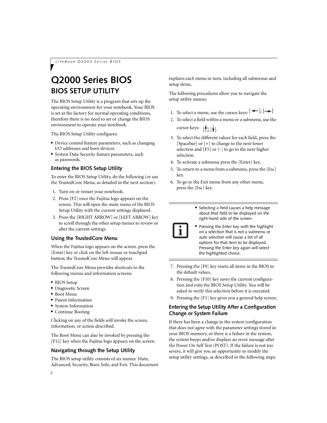 Fujitsu Q2010 manual Entering the Bios Setup Utility, Using the TrustedCore Menu, Navigating through the Setup Utility 